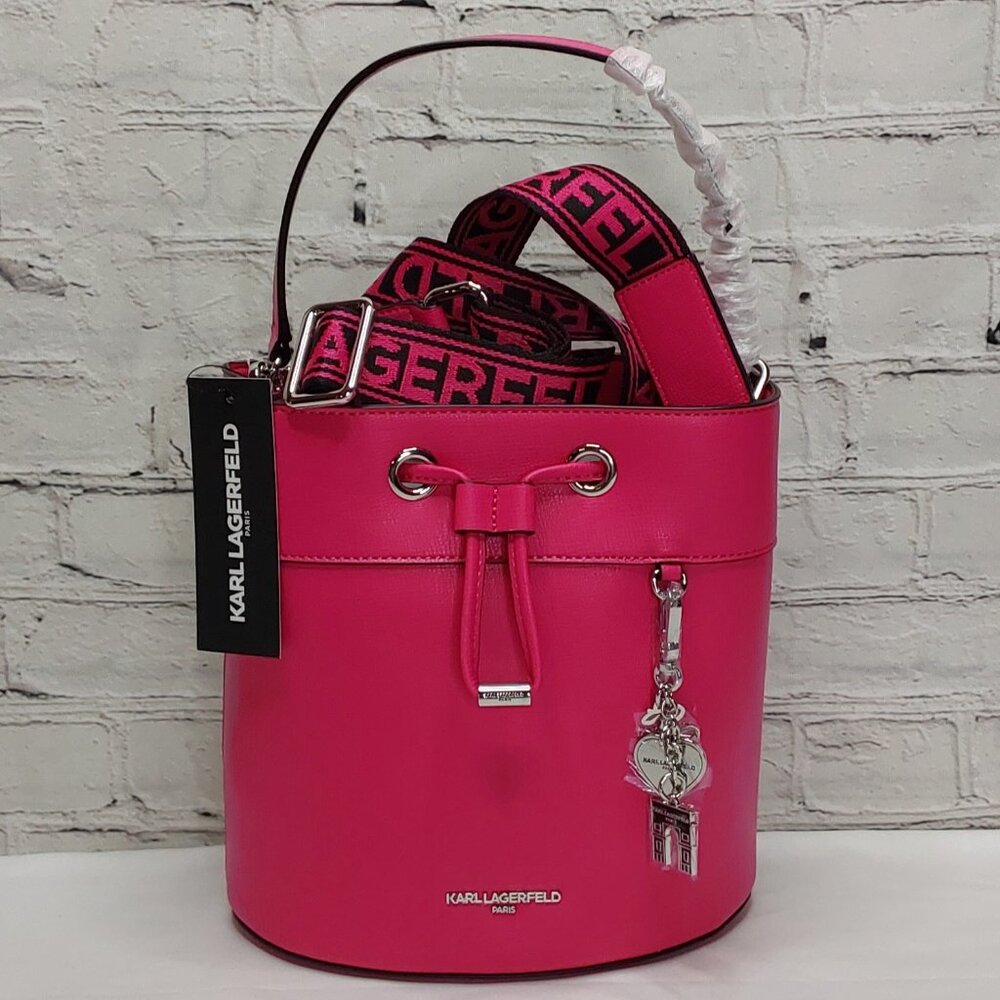 KARL LAGERFELD PARIS 'ADELE' BUCKET STYLE HANDBAG W/ LOGO WEBBING STRAP